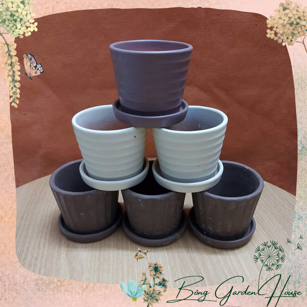 Chậu trồng cây, Chậu đất nung cốc mini có đĩa lót, sơn 3 màu Bông Garden trồng cây cảnh để bàn Miệng 7cm Cao 7cm