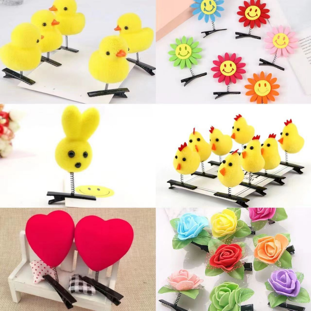 Kẹp tóc lò xo, kẹp tóc gà bông dễ thương, kẹp tóc gà nhỏ màu vàng trái tim đỏ trái đào, quà tết được ưa chuộng