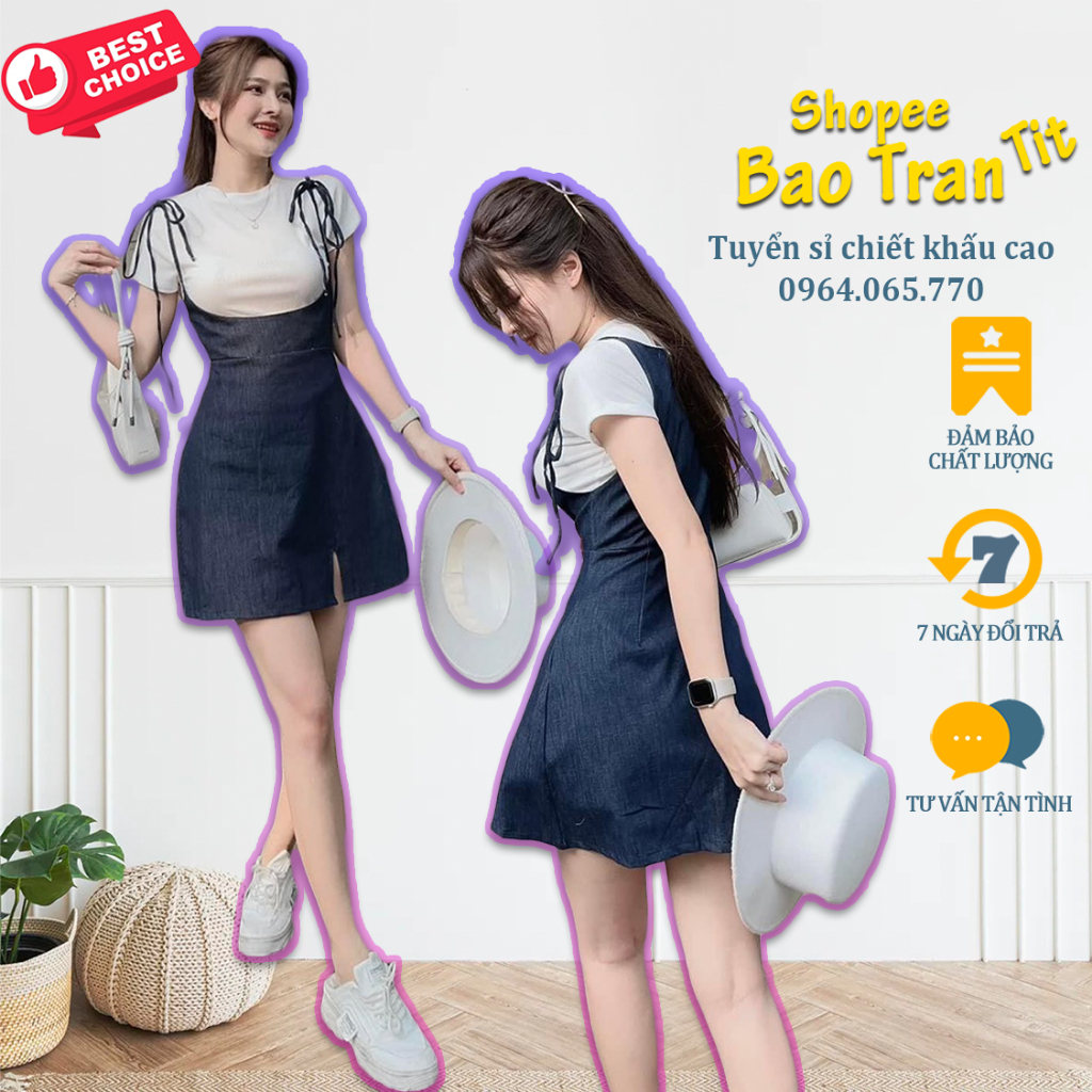 Set yếm jean cột vai kèm pull trắng