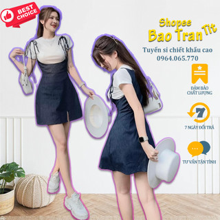 Set yếm jean cột vai kèm pull trắng