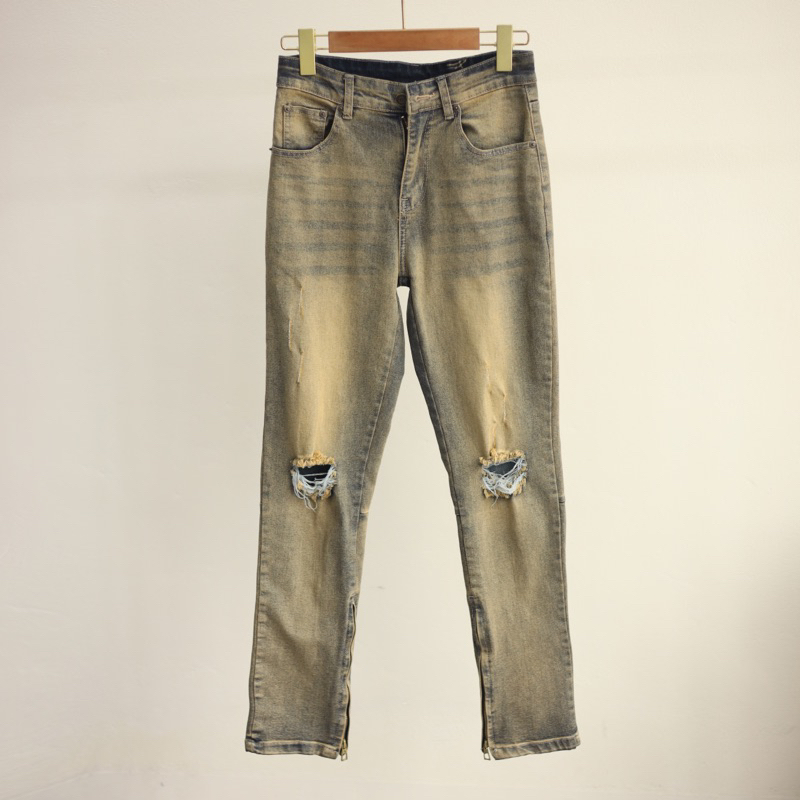 Quần jeans nam dáng ôm skinny màu vàng rách gối (sk045)
