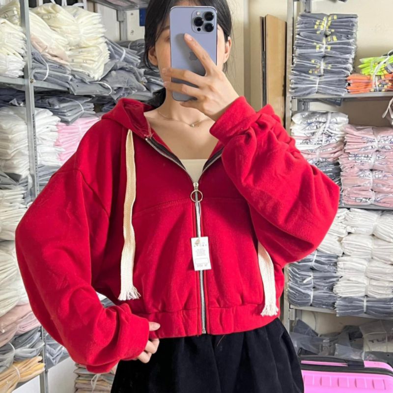 Áo khoác croptop nỉ ngoại tay phồng dây bản to
