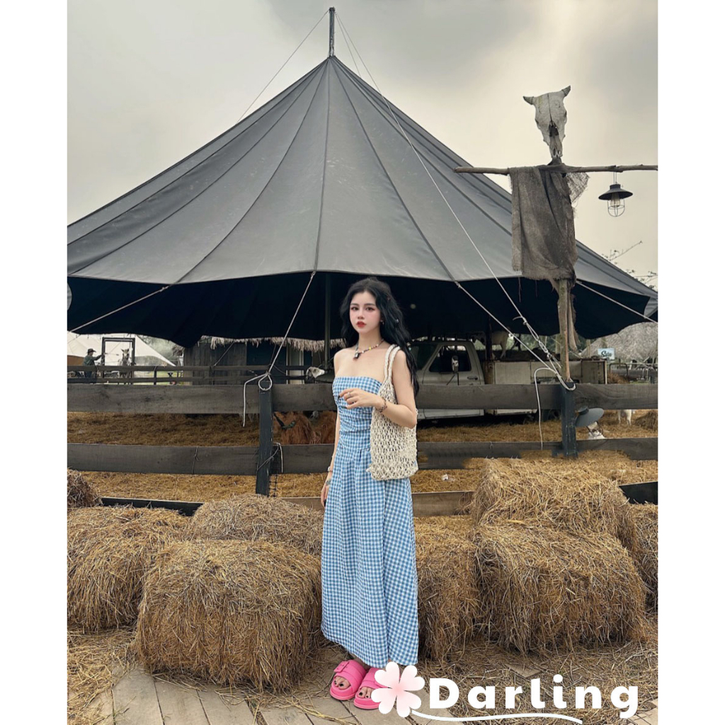 Đầm maxi quây ngực kẻ xanh trắng, Váy nữ dáng dài kẻ caro xanh siêu tôn da, Đầm váy nữ maxi kẻ xanh cúp ngực quyến rũ