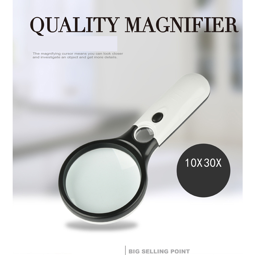 Kính lúp phóng đại 10x-30x có 3 LED 6902AB( kèm pin)