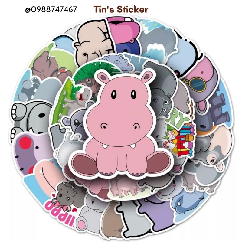 Set miếng dán sticker hà mã dễ thương dán nón mũ bảo hiểm laptop vali sổ tay đàn guitar điện thoại xe máy