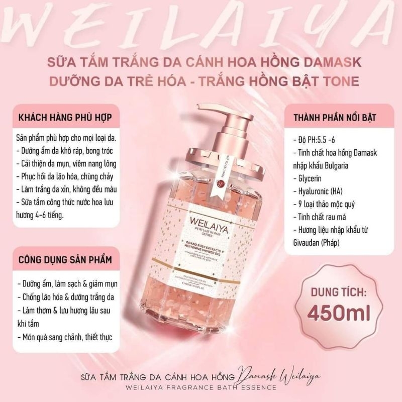 Sữa Tắm Trắng Da Cánh Hoa Hồng Damask Weilaiya - Lưu Hương Thơm Lâu - Dung Tích 450ml