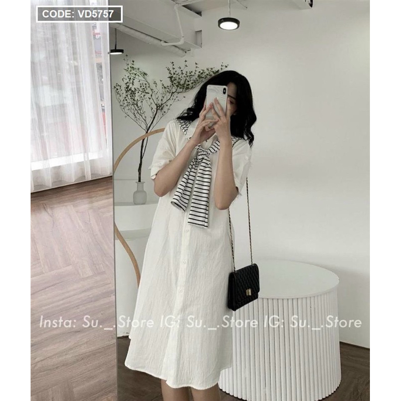 Đầm maxi  tay phồng phối khăn sọc