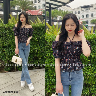 Áo somi hoa, áo hoa mặc hai kiểu,áo trễ vai hoa