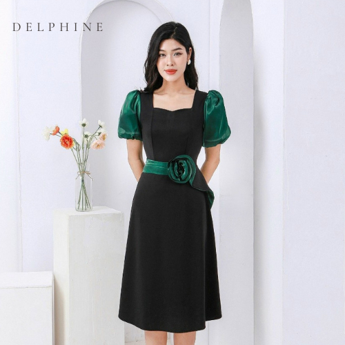 Váy đầm công sở Delphine thiết kế tay phồng tơ đính hoa sang trọng chất liệu umi cao cấp