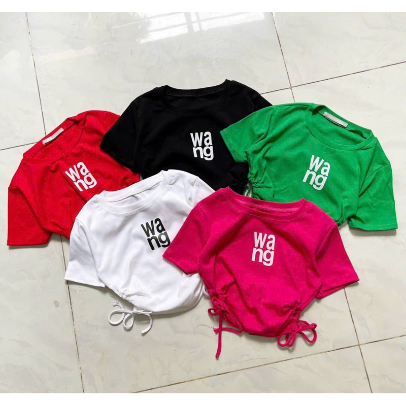 Áo Thun Tay Ngắn WANG Croptop Cổ Tròn Rút Eo 2 Bên