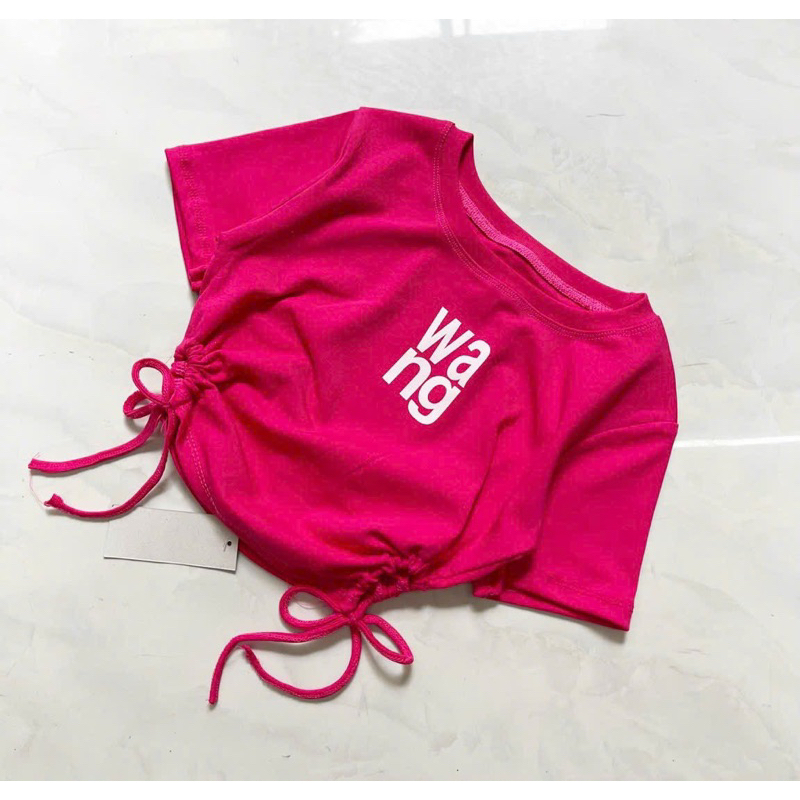 Áo Thun Tay Ngắn WANG Croptop Cổ Tròn Rút Eo 2 Bên