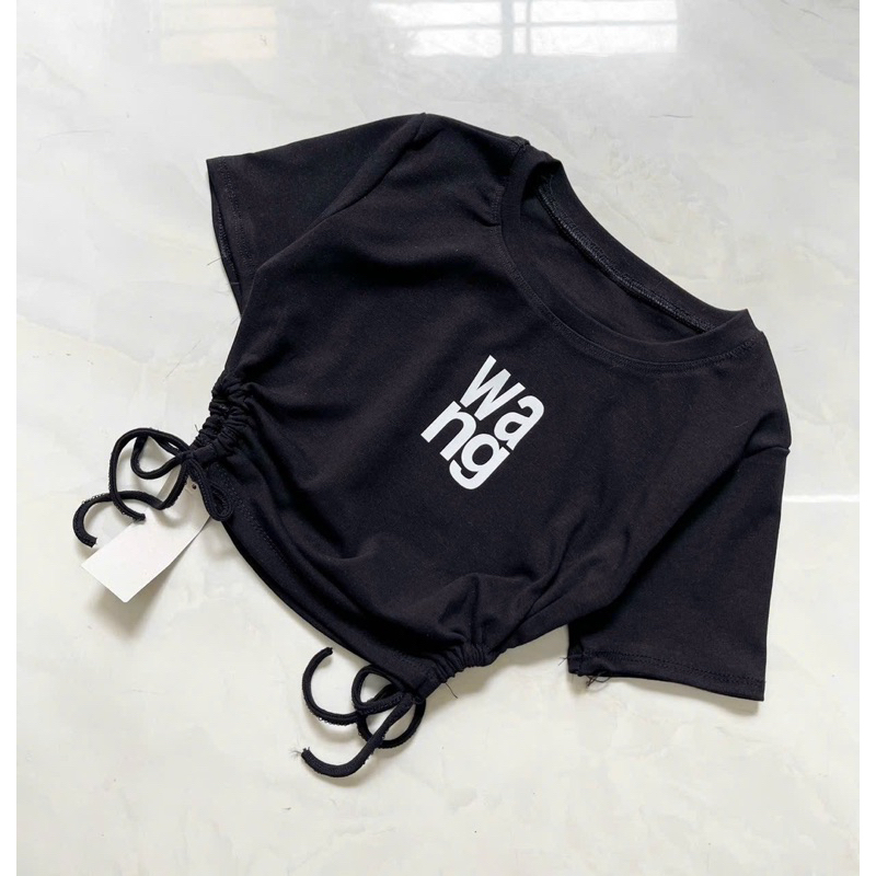 Áo Thun Tay Ngắn WANG Croptop Cổ Tròn Rút Eo 2 Bên
