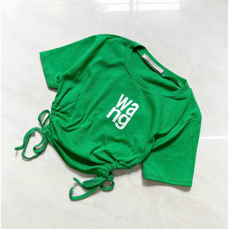 Áo Thun Tay Ngắn WANG Croptop Cổ Tròn Rút Eo 2 Bên