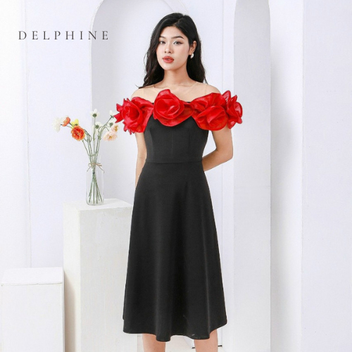 Váy liền tiệc Delphine thiết kế hoa tơ bản to dáng xòe sang trọng chất liệu umi cao cấp