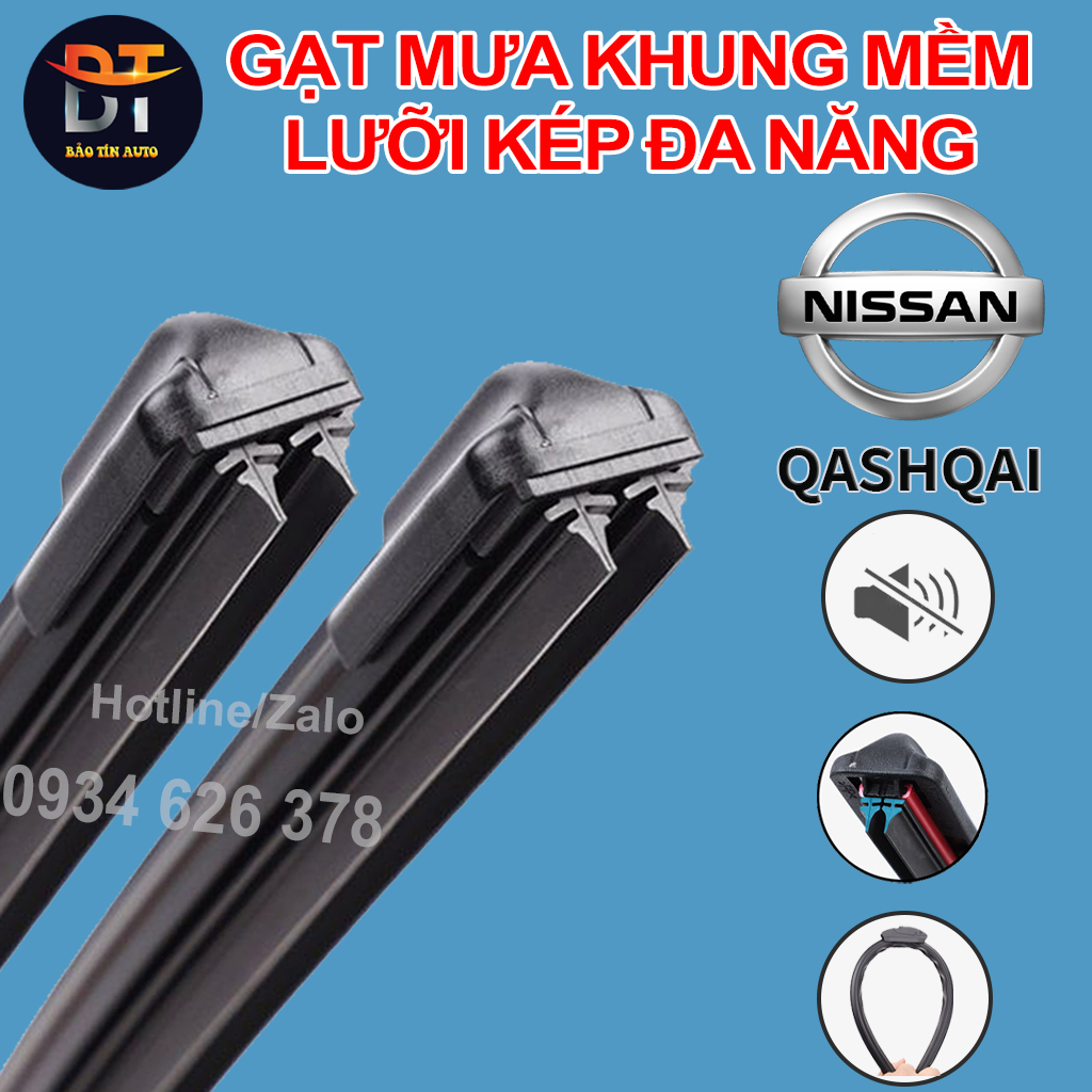 [LƯỠI KÉP] Bộ gạt mưa lưỡi kép cao cấp NISSAN QASHQUAI, thanh cần gạt nước mưa 2 lưỡi khung mềm đa năng, gạt kính ô tô