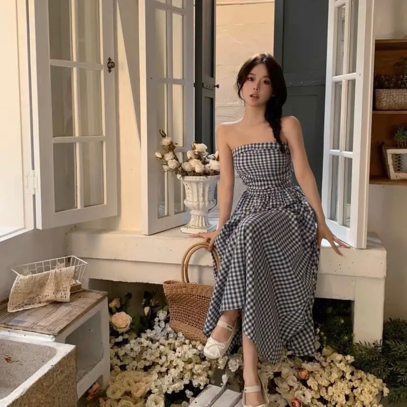 Đầm cúp ngực kẻ caro có mút ngực