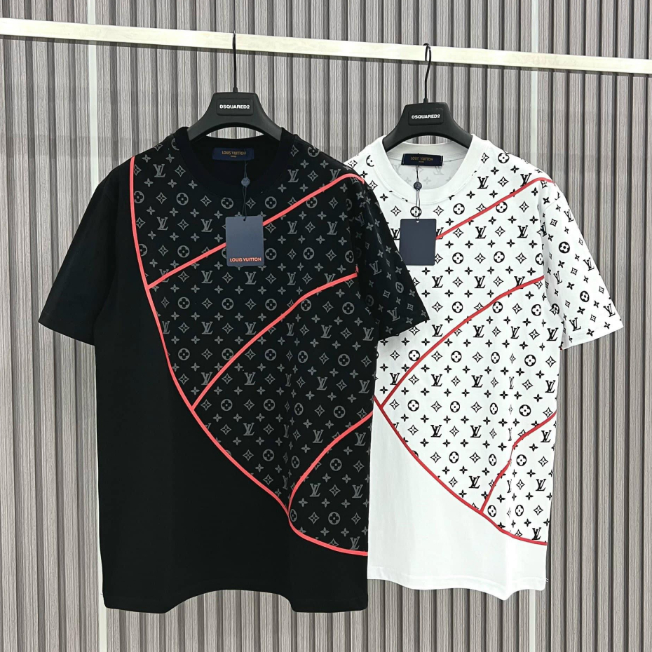 Áo Phông Nam Nữ Lv Họa Tiết Monogram Cực Nét - Áo Thun Eo Vi Họa Tiết Vân Kẻ Đỏ Chất Liệu Cotton Cao Cấp Hot Trend 2023