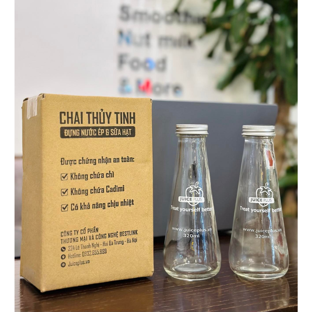 Set 2 Chai thủy tinh đựng nước ép, đựng sữa hạt an toàn 320ml Juice Plus kèm nắp nhôm không rỉ Made in Vietnam