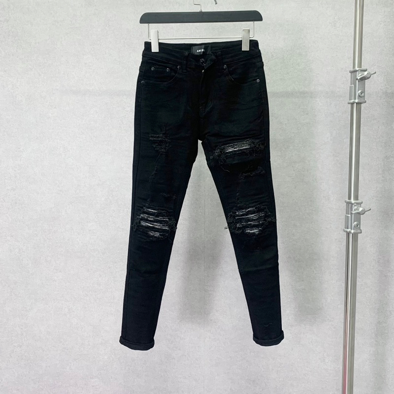 Quần jean bò nam Amiri skinny đen rách vá vải nhăn chấm nhũ kim tuyến đùi gối phối dập nhăn 3D