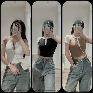 [FREESHIP] Áo thun croptop phối tay raglan màu trắng/be/đen NÀNG CLOSET