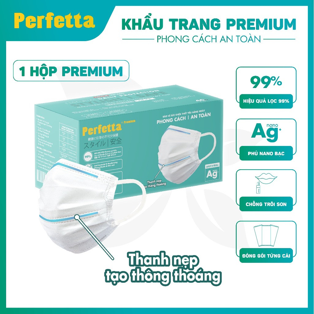 [Premium AG+] Khẩu Trang Cao Cấp Chuẩn Nhật Perfetta Premium AG+, 2 Thanh Nẹp Thông Thoáng (40 cái/hộp)