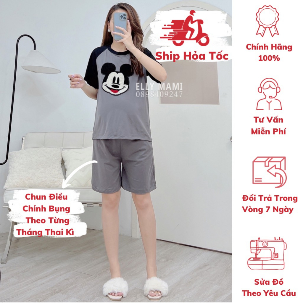 Đồ Bộ Bầu Và Sau Sinh Lửng Thun Cotton Mickey Form Dễ Mặc