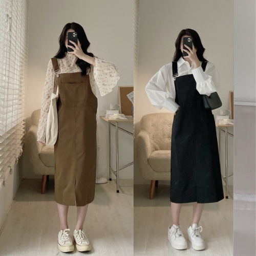 Set Váy Yếm Nữ Dài MILASU.Store, Váy Yếm Kaki Suông Dài Biggsize Sang Chảnh  495
