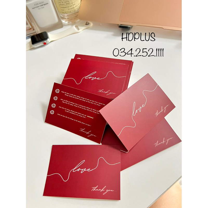 Card Cảm Ơn, Card Thank You, Thiệp Cảm ơn - Size 9x6cm - Giấy C300 Cán Màng Mờ Màu ĐỎ Love - Thank You TinhTế SangTrọng