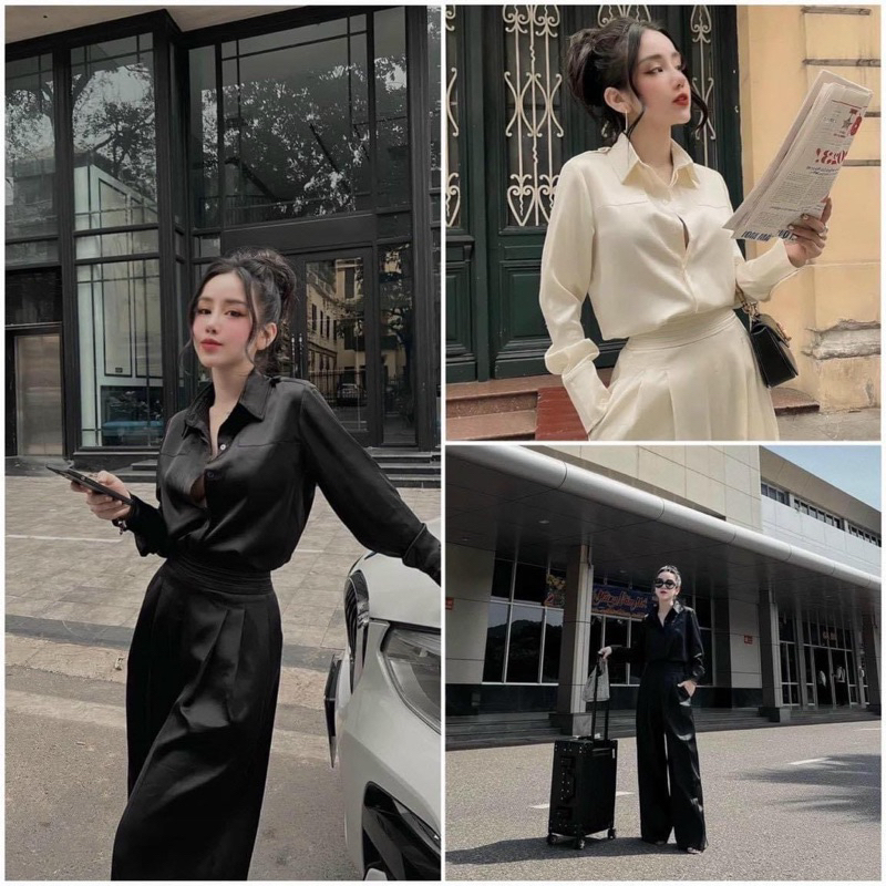 Set lụa sơ mi dài tay, quần xuông