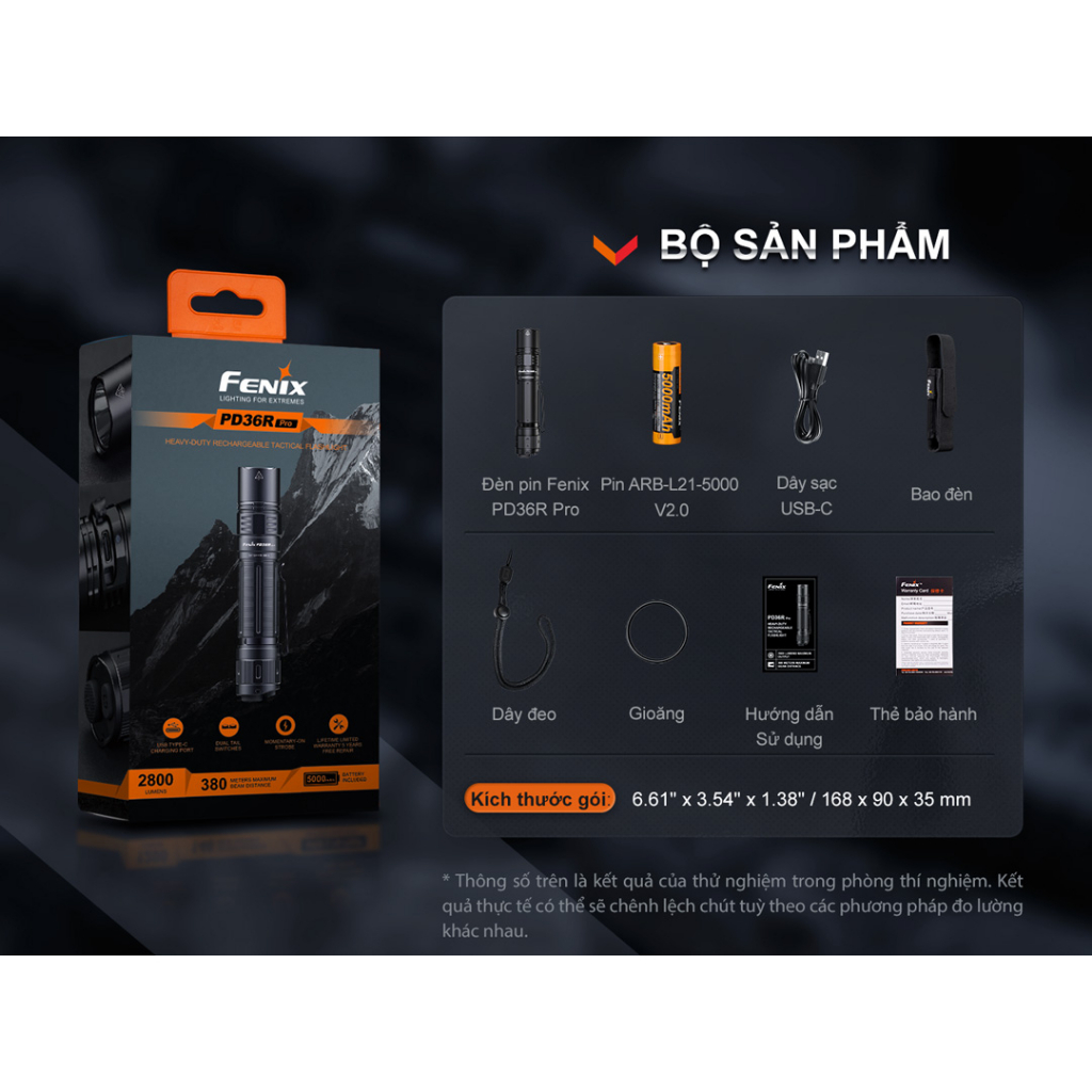 Đèn pin FENIX PD36R PRO sáng 2800lm chiếu xa 380m pin 21700 5000mAh sạc USB C công tắc kép phản ứng nhanh
