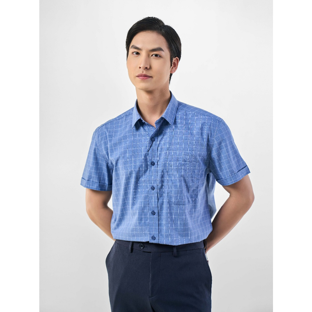 Áo sơ mi owen ngắn tay màu xanh trắng caro body fit vạt ngang vải sồi AB230169NT