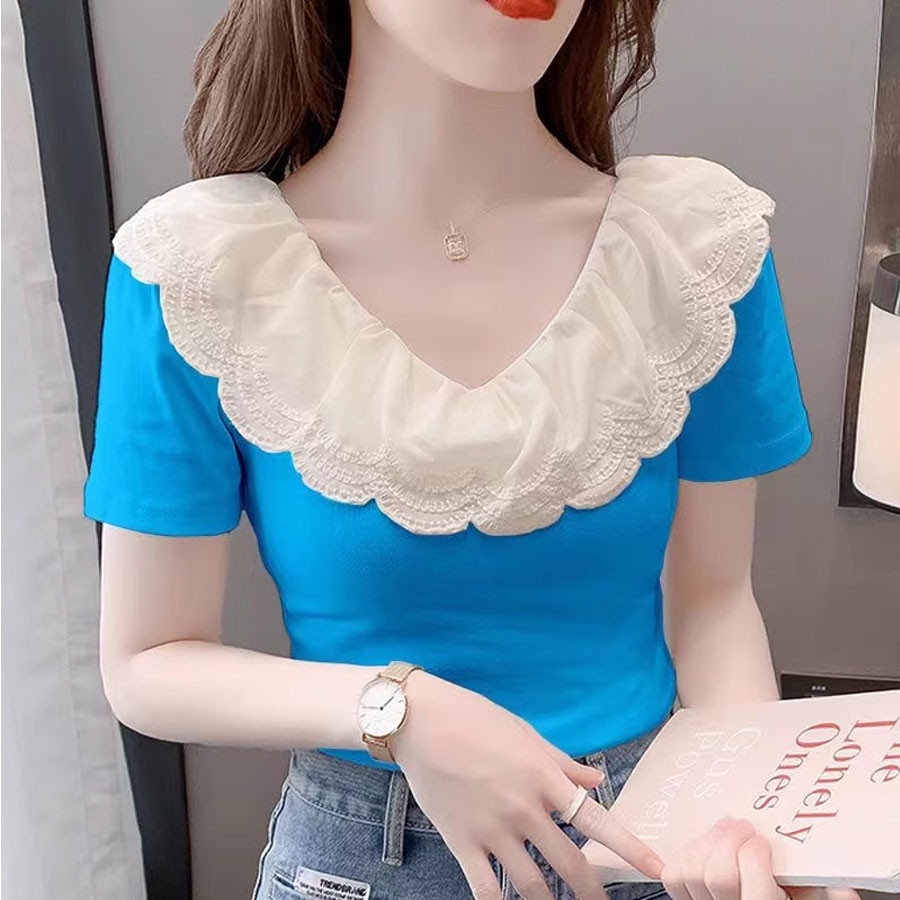 Áo thun nữ mùa hè cổ ren phối phong cách Hàn Quốc