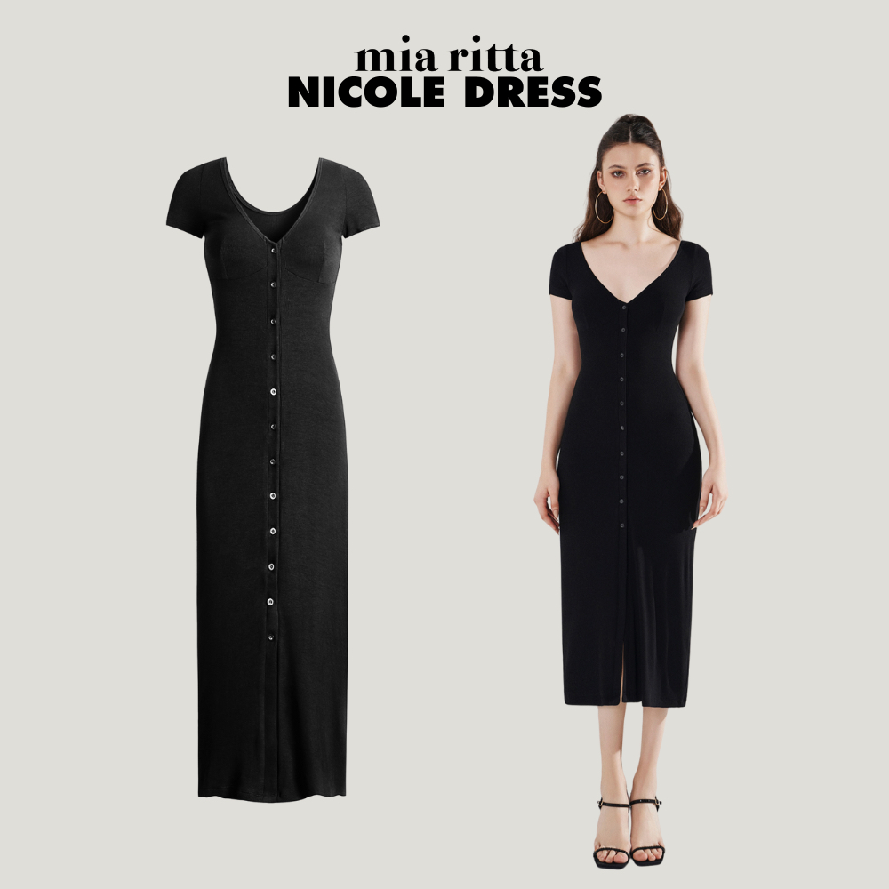 Váy body Nicole Dress Mia Ritta V1062 - Váy thun cộc tay cổ tim dáng dài xẻ tà