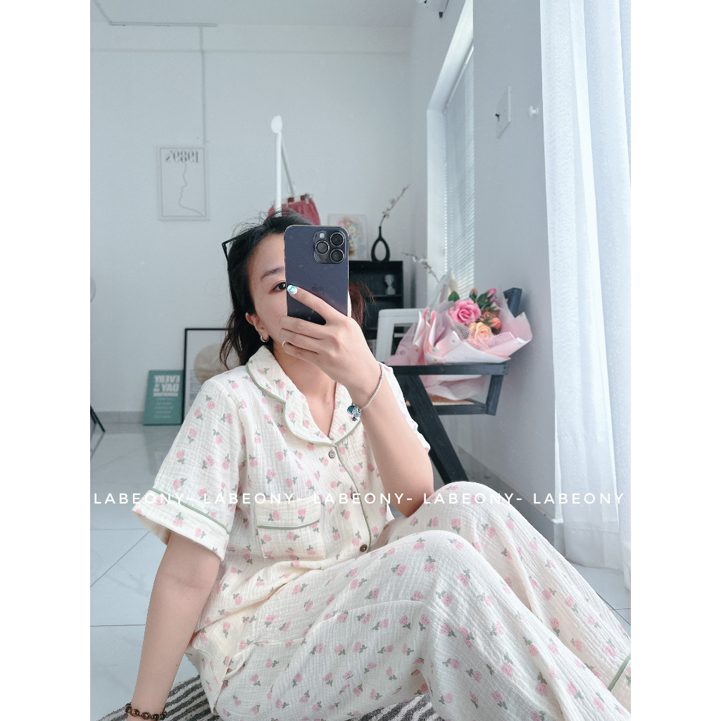 Pijama xô muslin đồ mặc nhà đồ bộ hoa cao cấp mềm mát Labeony