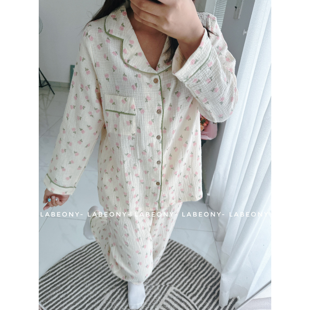 Pijama xô muslin đồ mặc nhà đồ bộ hoa cao cấp mềm mát Labeony