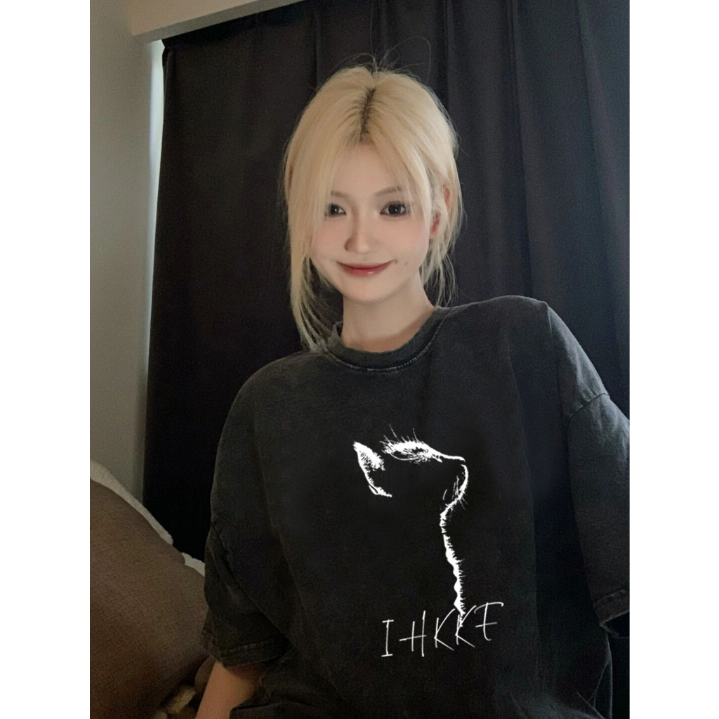 PO FLORET Áo thun unisex rộng con mèo in Oversize áo phông nữ 100%Cotton áo phông cổ điển đã giặt