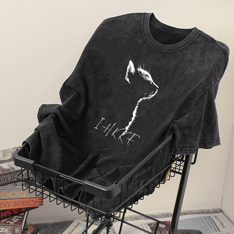 PO FLORET Áo thun unisex rộng con mèo in Oversize áo phông nữ 100%Cotton áo phông cổ điển đã giặt