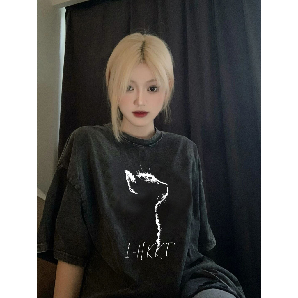 PO FLORET Áo thun unisex rộng con mèo in Oversize áo phông nữ 100%Cotton áo phông cổ điển đã giặt