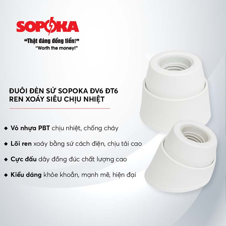 Đuôi đèn sứ SOPOKA E27 ren xoáy chịu nhiệt