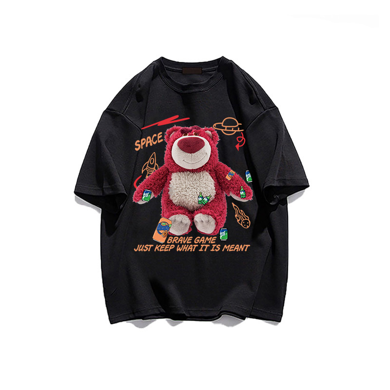 PO FLORET Áo thun unisex rộng gấu dâu in Oversize áo phông nữ 100%Cotton áo phông cổ điển đã giặt