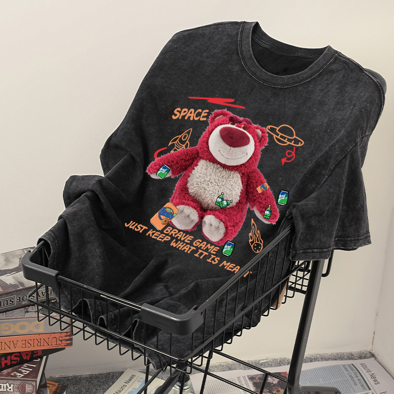 PO FLORET Áo thun unisex rộng gấu dâu in Oversize áo phông nữ 100%Cotton áo phông cổ điển đã giặt