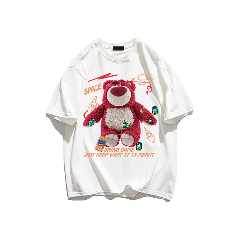 PO FLORET Áo thun unisex rộng gấu dâu in Oversize áo phông nữ 100%Cotton áo phông cổ điển đã giặt