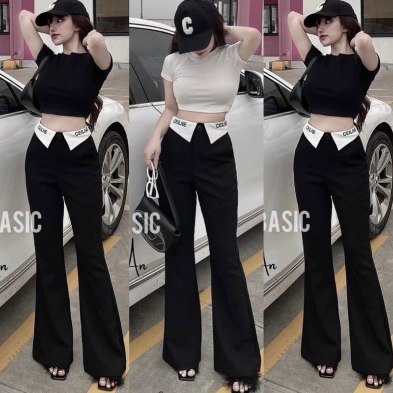 Set Bộ Áo Thun Croptop Tay Ngắn + Quần Kaki Ống Loe Lật Lưng Trắng Tam Giác