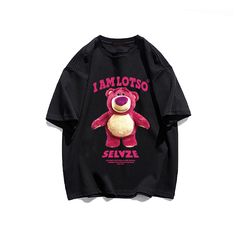 PO FLORET Áo thun unisex rộng Gấu dâu tây in Oversize áo phông nữ 100%Cotton áo phông cổ điển đã giặt