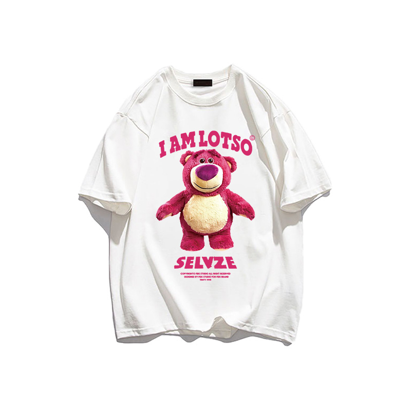 PO FLORET Áo thun unisex rộng Gấu dâu tây in Oversize áo phông nữ 100%Cotton áo phông cổ điển đã giặt