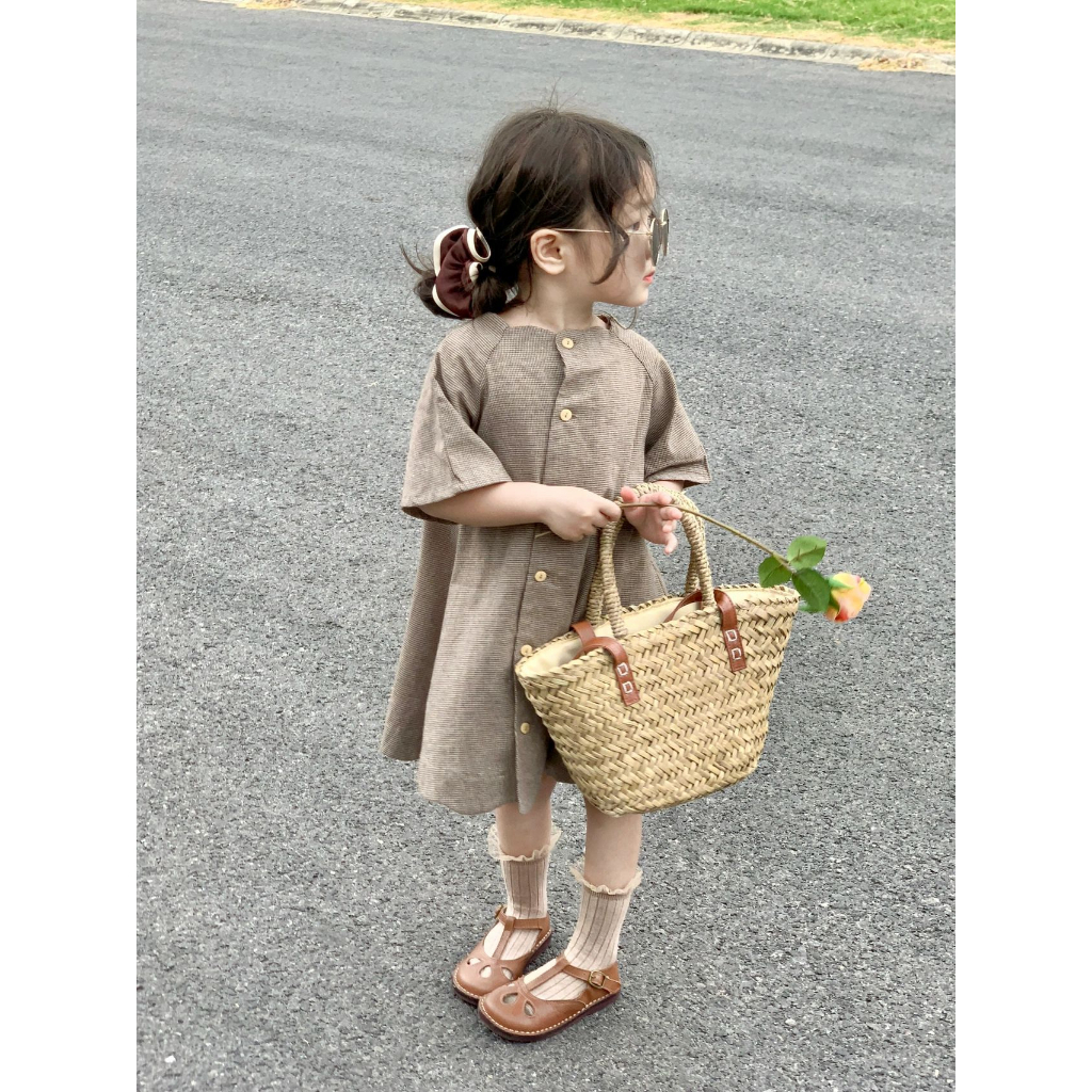 Đầm houndstooth kiểu dáng Pháp vintage HAMSTER BABY  chất cotton cho bé gái