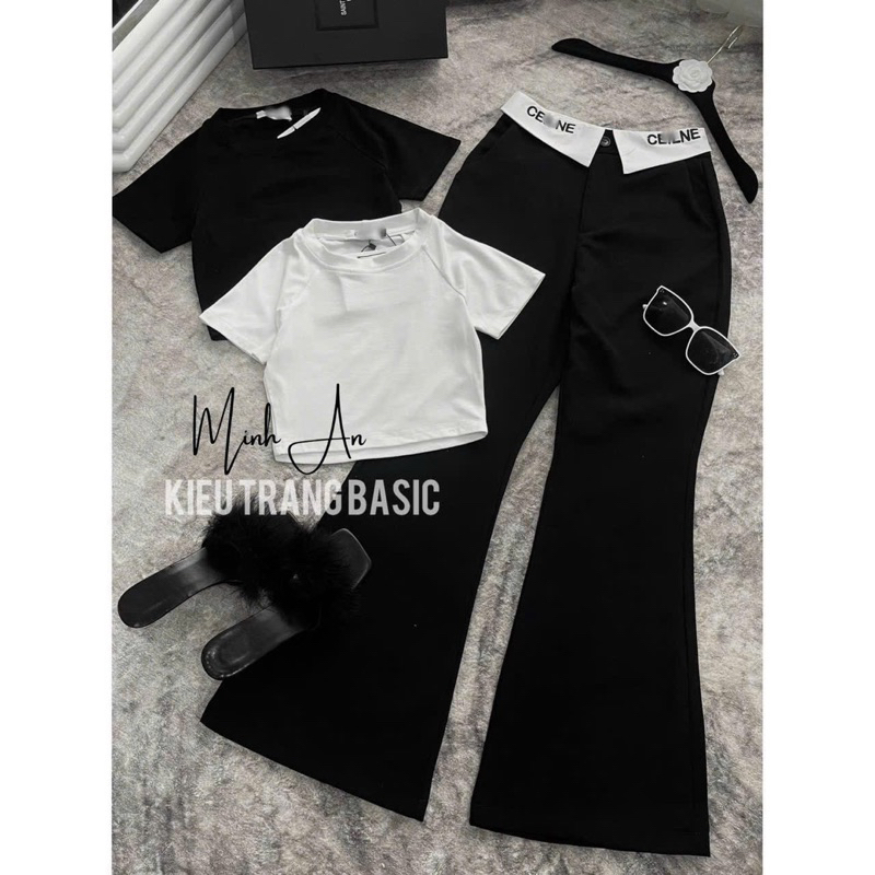 Set Bộ Áo Thun Croptop Tay Ngắn + Quần Kaki Ống Loe Lật Lưng Trắng Tam Giác