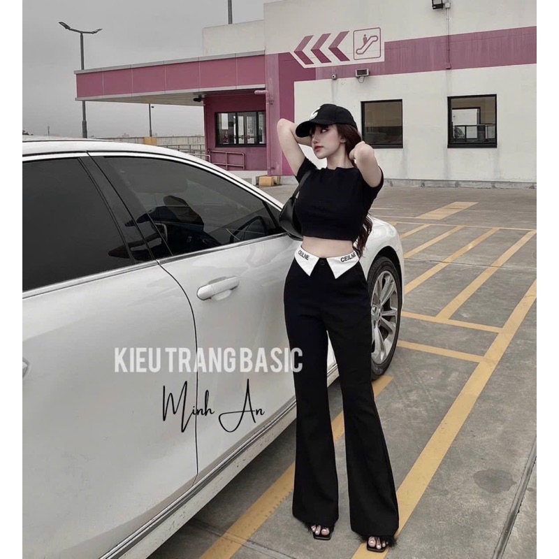 Set Bộ Áo Thun Croptop Tay Ngắn + Quần Kaki Ống Loe Lật Lưng Trắng Tam Giác