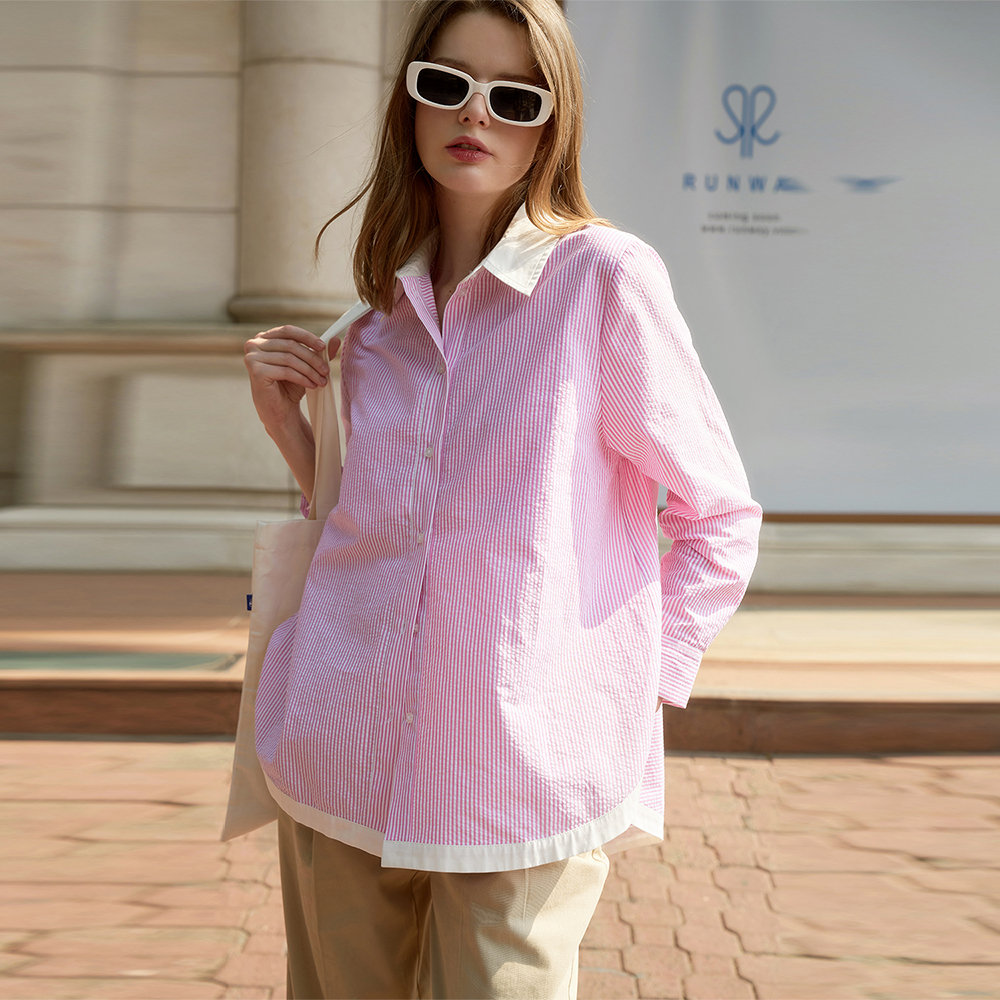 TheBlueTshirt - Áo Sơ Mi Phom Rộng Kiểu Nữ - Modern Arc Oversized Shirt - Pink Stripe