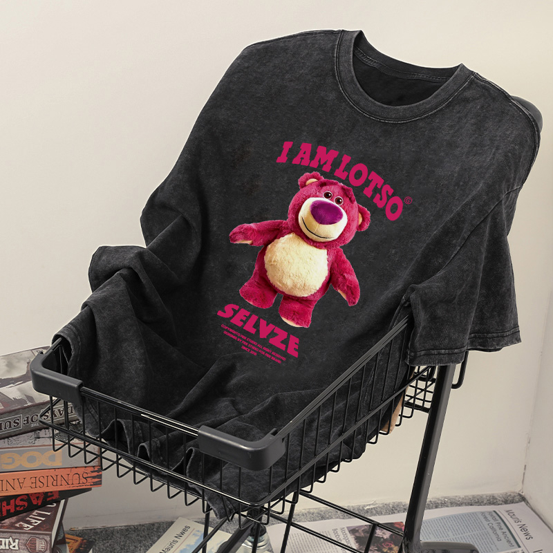 PO FLORET Áo thun unisex rộng Gấu dâu tây in Oversize áo phông nữ 100%Cotton áo phông cổ điển đã giặt